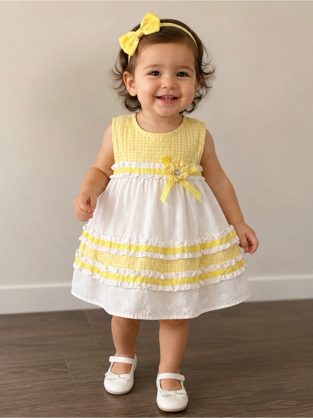 Samara Baby Girl Yellow & White Gingham Embroidered Dress Size 12M